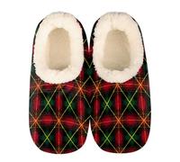 Mexpekil Tartan Plaid Red Green Pattern Women's & Men's Slippers with Fluffy Collar Winter Warm House Slippers Anti-Slip Indoor House Shoes Gifts for Mum Dad (Sizes UK 6-7)