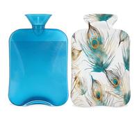 Mexpekil Teal Animal Peacock Feather Hot Water Bottle with Cover, 2L PVC Hot Water Bag for Pain Relief, Feet, Back, Warmth