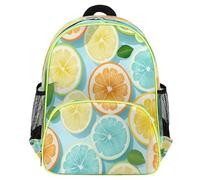 Mexpekil Teal Blue Lemon Slices Toddler Backpack for Girls Boys School Bag, Lightweight Waterproof Kids Travel Rucksack for Preschool with Chest Strap Water Bottle Holders