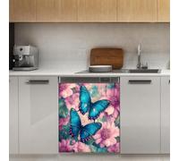 Mexpekil Teal Butterflies Pink Floral Dishwasher Magnet Cover 21x26Inch Decorative Dish Washer Sticker for Front Door Waterproof Kitchen Appliance Panel Magnetic Decal