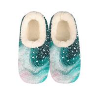 Mexpekil Teal Glitter Marble Women's & Men's Slippers with Fluffy Collar Winter Warm House Slippers Anti-Slip Indoor House Shoes Gifts for Mum Dad (Sizes UK 6-7)