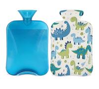 Mexpekil Teal Green Blue Tropical Dinosaur Hot Water Bottle with Cover, 2L PVC Hot Water Bag for Pain Relief, Feet, Back, Warmth