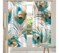 Mexpekil Teal Peacock Feather Voile Curtains 84 Drop Pair, Semi Sheer Curtains for Living Room Bedroom Home Kitchen, 55 inches Wide, 2 Panels