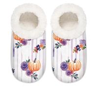 Mexpekil Thanksgiving Pumpkin Purple Flower Women's Slippers Size 6-6.5 Soft Fuzzy House Slipper Non Slip Home Shoes for Women Men Ladies