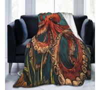Mexpekil Throw Blanket Retro Red Octopus Ocean Fleece Blanket 50"X40", Anti-Pilling Cosy Flannel Throw For Sofa Bed Couch Picnic Travel, Machine Washable