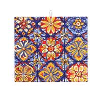Mexpekil Traditional Mexican Mandala Floral Dish Drying Mat for Kitchen Counter Reversible Absorbent Coffee Mat Washable Quick-Dry Drainer Sink Mats for Plates Cups Pots 40x45cm