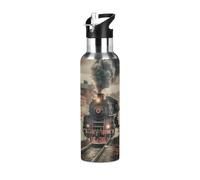 Mexpekil Train Travelling 600ml Insulated Water Bottle with Straw Lid Stainless Steel Thermos Bottle Vacuum Flask Leakproof Travel Sports Water Bottles for Running Cycling Hiking