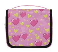 Mexpekil Travel Hanging Toiletry Bag for Women Pink Hearts Yellow Star Large Wash Bag Portable Makeup Cosmetic Organiser Bags for Girls Boys