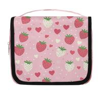 Mexpekil Travel Hanging Toiletry Bag for Women Red White Strawberries Hearts Large Wash Bag Portable Makeup Cosmetic Organiser Bags for Girls Boys