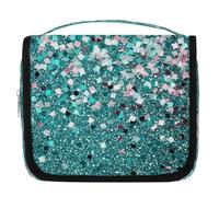 Mexpekil Travel Hanging Toiletry Bag for Women Teal Glitter Large Wash Bag Portable Makeup Cosmetic Organiser Bags for Girls Boys