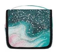Mexpekil Travel Hanging Toiletry Bag for Women Teal Glitter Marble Large Wash Bag Portable Makeup Cosmetic Organiser Bags for Girls Boys