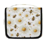 Mexpekil Travel Hanging Toiletry Bag for Women White Daisies Honeybees Large Wash Bag Portable Makeup Cosmetic Organiser Bags for Girls Boys