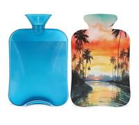 Mexpekil Tropical Coconut Tree Seaside Hot Water Bottle with Cover, 2L PVC Hot Water Bag for Pain Relief, Feet, Back, Warmth