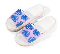 Mexpekil Tropical Palm Leaf Blue Linen Slippers for Women Men Non-Slip House Shoes Open Toe Summer Sliders Slip on Indoor Outdoor Slipper (8.5-9)