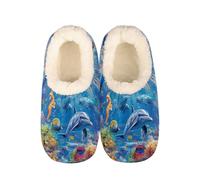 Mexpekil Underwater Dolphins Seahorse Women's & Men's Slippers with Fluffy Collar Winter Warm House Slippers Anti-Slip Indoor House Shoes Gifts for Mum Dad (Sizes UK 10-11)