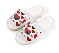 Mexpekil Valentines Plaid Hearts Linen Slippers for Women Men Non-Slip House Shoes Open Toe Summer Sliders Slip on Indoor Outdoor Slipper (6-6.5)