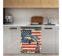 Mexpekil Vintage American Flag Dolphin Dishwasher Magnet Cover 21x26Inch Decorative Dish Washer Sticker for Front Door Waterproof Kitchen Appliance Panel Magnetic Decal