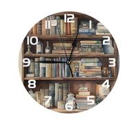 Mexpekil Vintage Bookshelf White Silent Wall Clock Non Ticking 25cm Round Wall Clocks Battery Operated Modern Decorative Clock for Living Room