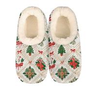 Mexpekil Vintage Christmas Holly Leaves Women's & Men's Slippers with Fluffy Collar Winter Warm House Slippers Anti-Slip Indoor House Shoes Gifts for Mum Dad (Sizes UK 4-5)