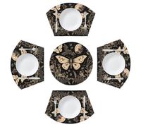 Mexpekil Vintage Gothic Floral Moon Butterfly Placemats Set of 4 for Round Table Wedge Place Mats with Centerpiece Heat Resistant Washable Plate Mats for Kitchen (5 Pcs)