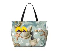 Mexpekil Vintage Seashell Starfish Large Beach Bags for Women Men Waterproof Sandproof Beach Tote Bag with Zip and Pockets Foldable Summer Holiday Handbags for Travel Pool Seaside