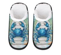 Mexpekil Watercolor Blue Crab Coral Fluffy Slippers for Women Men M