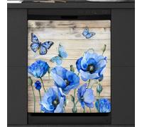 Mexpekil Watercolor Blue Poppy Butterfly Wooden Texture Dishwasher Magnet Cover 21x26 in, Decorative Waterproof Dishwasher Magnetic Cover Sticker for Kitchen Appliances