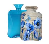 Mexpekil Watercolor Blue Poppy Butterfly Wooden Texture Hot Water Bottle with Cover, 2L PVC Hot Water Bag for Pain Relief, Feet, Back, Warmth