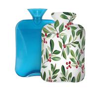 Mexpekil Watercolor Christmas Mistletoe Holly Leaf Hot Water Bottle with Cover, 2L PVC Hot Water Bag for Pain Relief, Feet, Back, Warmth