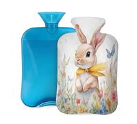 Mexpekil Watercolor Easter Bunny Butterfly Flower Hot Water Bottle with Cover, 2L PVC Hot Water Bag for Pain Relief, Feet, Back, Warmth
