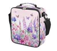Mexpekil Watercolor Purple Pink Flower Butterfly Kids Lunch Bag Boys Girls, Square Thermal Insulated Lunch Box, Reusable Cooler Tote for School Picnic Travel