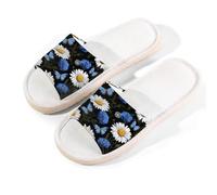 Mexpekil White Daisies Blue Cornflowers Linen Slippers for Women Men Non-Slip House Shoes Open Toe Summer Sliders Slip on Indoor Outdoor Slipper (4.5-5.5)