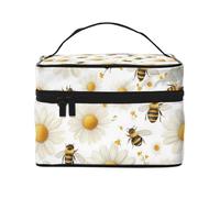 Mexpekil White Daisies Honeybees Makeup Bag Travel Cosmetic Bags Large Capacity Make Up Organiser Storage Bag Portable Toiletry Bags for Women Girls