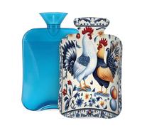 Mexpekil White Porcelain Style Roosters Hens Eggs Hot Water Bottle with Cover, 2L PVC Hot Water Bag for Pain Relief, Feet, Back, Warmth
