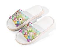 Mexpekil White Rabbit Floral Egg Grass Linen Slippers for Women Men Non-Slip House Shoes Open Toe Summer Sliders Slip on Indoor Outdoor Slipper (8.5-9)