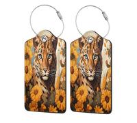 Mexpekil Wild Flowers Leopard Luggage Tags for Suitcases, 4 Pcs Leather Travel Tags for Luggage with Steel Loop Waterproof Name Id Card, Men Women Kids Travel Gift