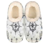 Mexpekil Women's Men's Slippers Nautical Compass Ship Pattern Soft Warm Fluffy House Slipper Boots Non-Slip Winter Foot Warmer Gifts for Mum Dad Ladies Girls Boys Size 10-11