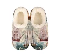 Mexpekil Women's Men's Slippers Retro Nautical Ship Compass Sun Soft Warm Fluffy House Slipper Boots Non-Slip Winter Foot Warmer Gifts for Mum Dad Ladies Girls Boys Size 6-7