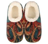 Mexpekil Women's Men's Slippers Retro Red Octopus Ocean Soft Warm Fluffy House Slipper Boots Non-Slip Winter Foot Warmer Gifts for Mum Dad Ladies Girls Boys Size 4-5