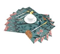 Mexpekil Woven Place Mats Set of 6 Heat Resistant Table Mats PVC Placemats Teal Birds Flowers Table Decorations for Dining Kitchen Wedding Party