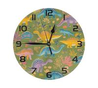 Mexpekil Yellow Cute Dinosaurs Black Silent Wall Clock Non Ticking 25cm Round Wall Clocks Battery Operated Modern Decorative Clock for Living Room Kitchen Bedroom Office