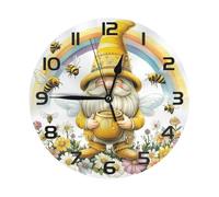 Mexpekil Yellow Gnome Floral Bee Black Silent Wall Clock Non Ticking 25cm Round Wall Clocks Battery Operated Modern Decorative Clock for Living Room Kitchen Bedroom Office