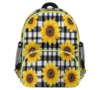 Mexpekil Yellow Sunflowers Buffalo Plaid Toddler Backpack for Girls Boys School Bag, Lightweight Waterproof Kids Travel Rucksack for Preschool with Chest Strap Water Bottle Holders