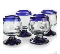 MEXTEQUIL - Authentic Mexican Tequila Hand Blown Shot Glasses - Set of 4-2 oz - Mini Glass Snifters - Heavy Base - Cognac (Cobalt Blue Rim)