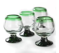 MEXTEQUIL - Authentic Mexican Tequila Hand Blown Shot Glasses - Set of 4-2 oz - Mini Glass Snifters - Heavy Base - Cognac (Green Rim)
