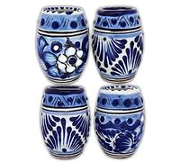 MEXTEQUIL - Barrel-Shaped Talavera Shot Glasses: Set of 4 Hand-Painted Floral Ceramic Caballitos, 2 oz, Authentic Mexican Pottery for Tequila & Mezcal (Blue Barrel)