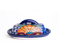 MEXTEQUIL - Butter Dish Ceramic Talavera with Lid Hand Painted Authentic Mexican Pottery Kitchen Floral Design (Blue)
