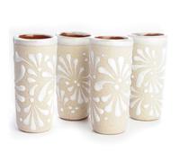 MEXTEQUIL - Handcrafted Ceramic Shot Glasses, White Floral Pattern, Terracotta Interior, Set of 4, Traditional Mexican Design