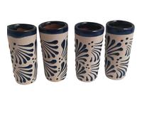 MEXTEQUIL - Handcrafted Ceramic Shot Glasses, White Floral Pattern, Terracotta Interior, Set of 4, Traditional Mexican Design (Blue Floral Pattern)