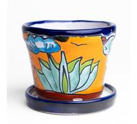 MEXTEQUIL - Talavera Mexican Pottery Planters with Saucer 4" Rancherito - Cactus - Sun Pot Hand Painted Ceramic Plant Pot Planter Indoor Outdoor (Rancherito)